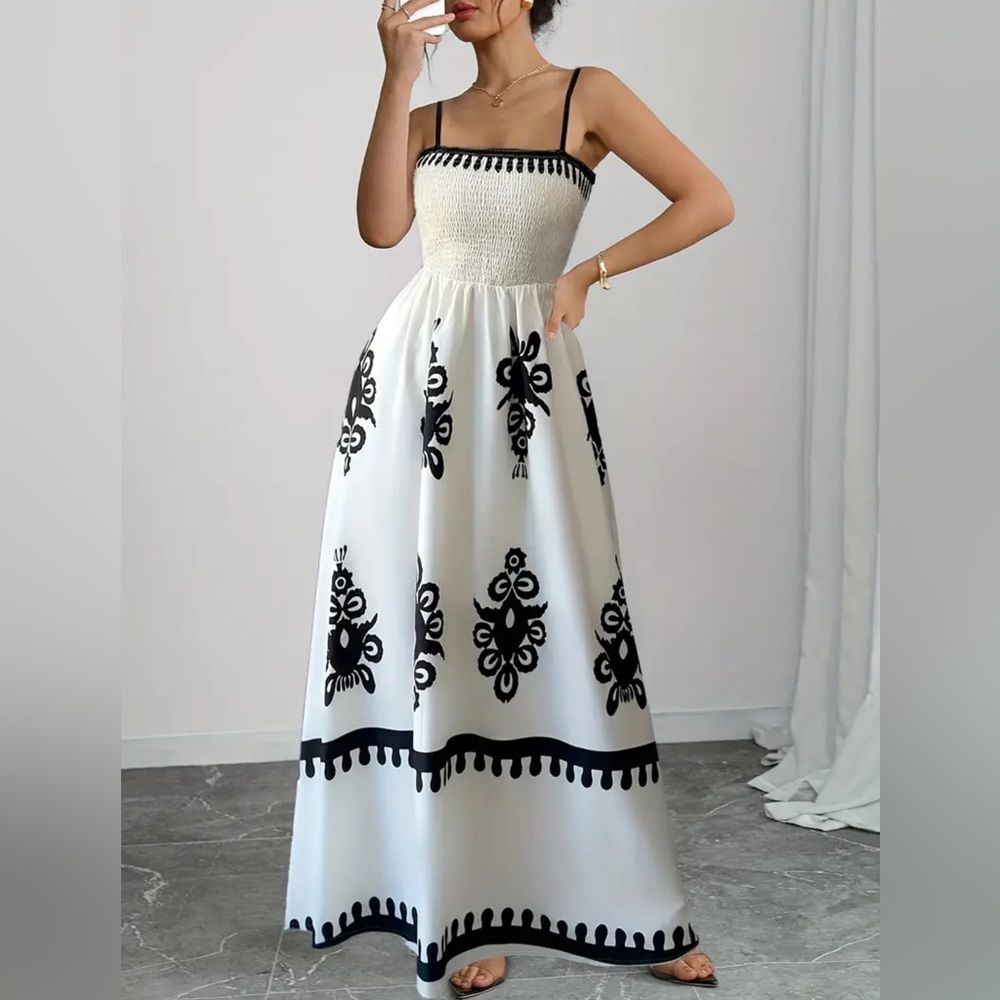 Smocked Maxi Dress | Black & White Elegant Vacation Dress Spaghetti Strap A-Line - Picture 2 of 4